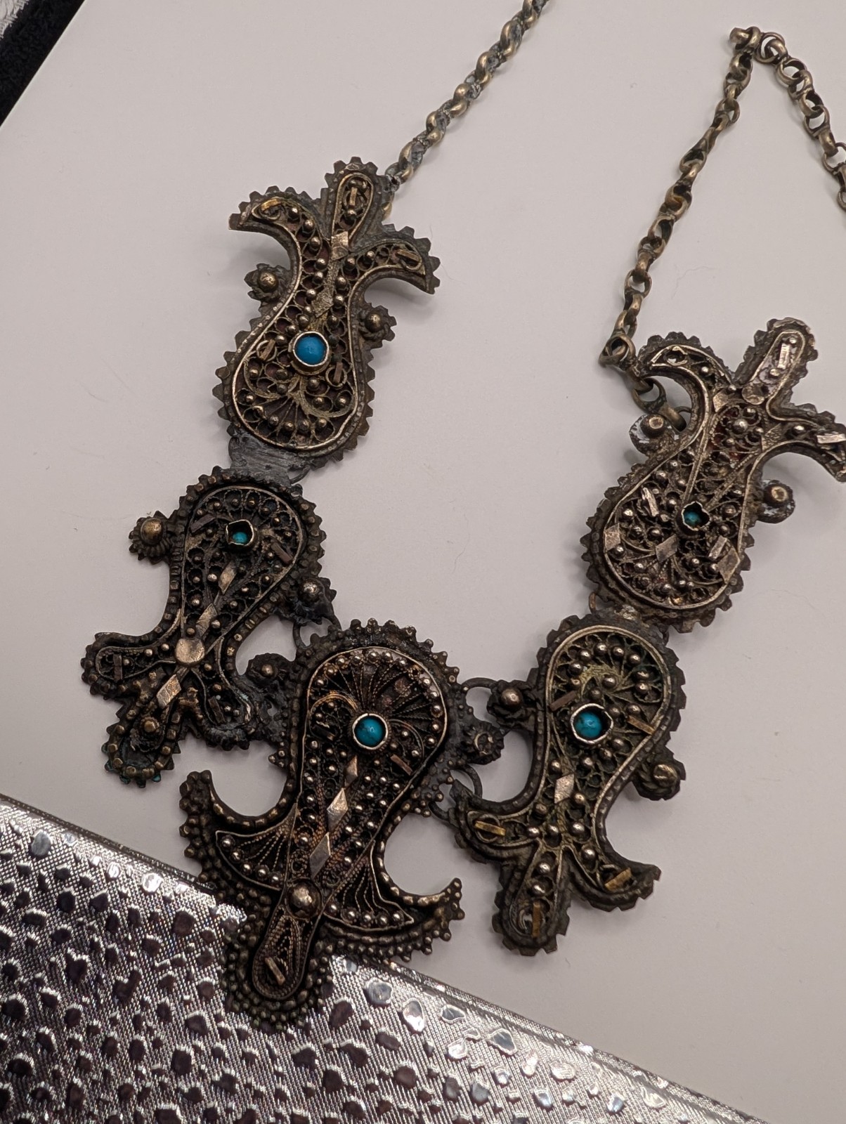 Vintage Middle Eastern Style Filigree Bib Necklace Blue Glass Cabochons