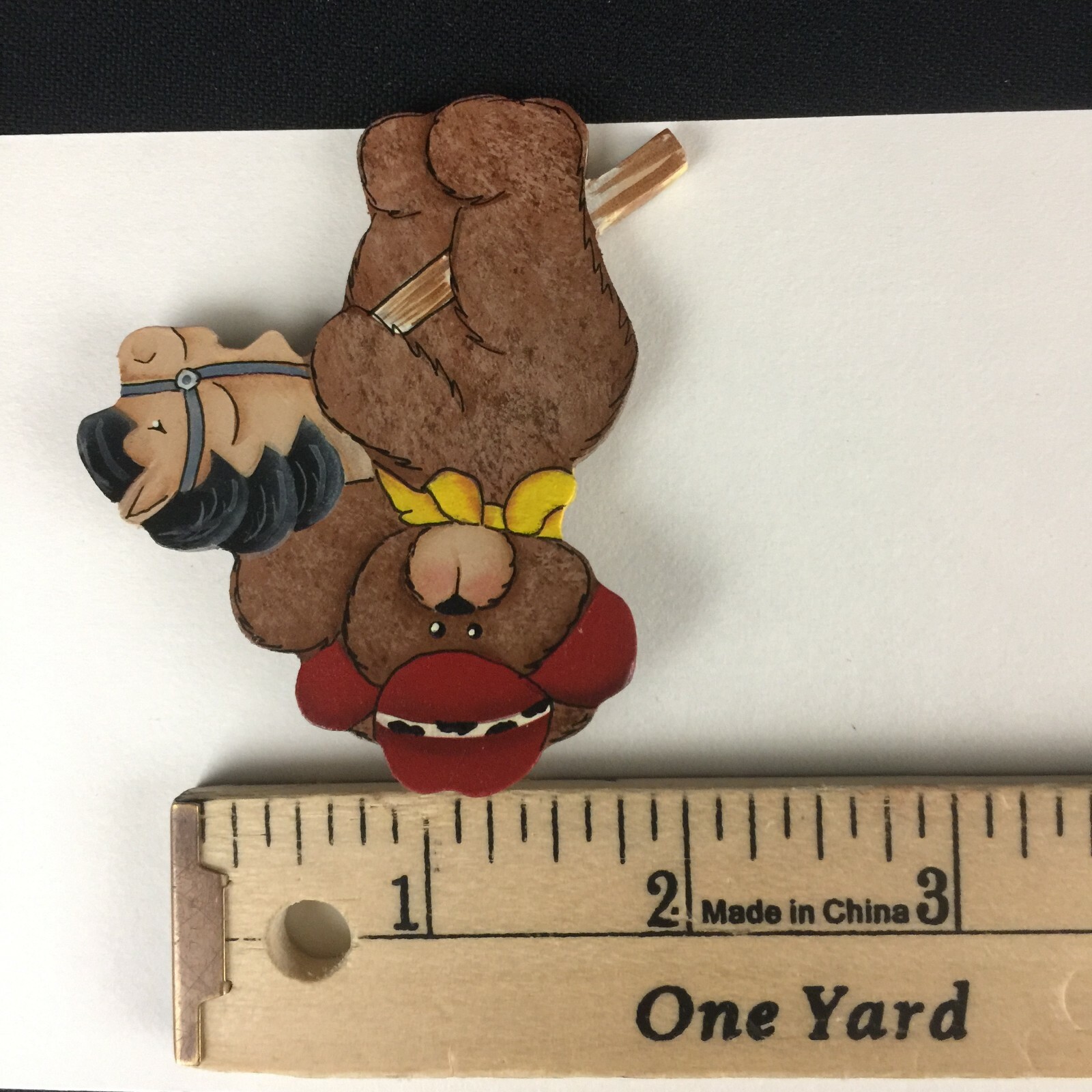 Brooch Cowboy Teddy Bear on Horse Pin Wooden Hand Painted Locking Bar Back VTG