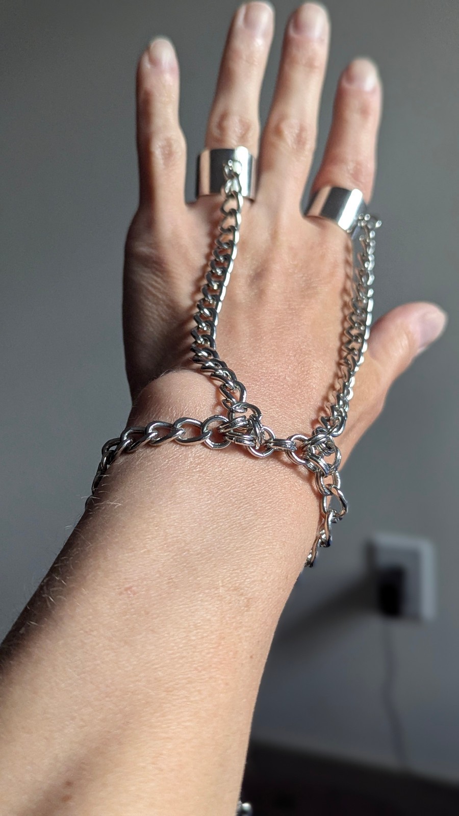 Silver Tone Hand Chain Bracelet Double Ring Slave Bracelet Adjustable Gothic