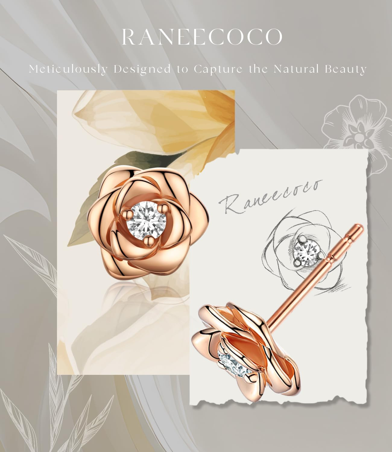 Gold Plated Sterling Silver Rose Flower Earring Studs, Hypoallergenic & Nickel F