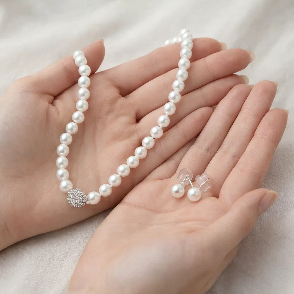 Genuine Akoya Pearl Necklace 18″ 9-10mm White w/ Earrings Jewelry Set