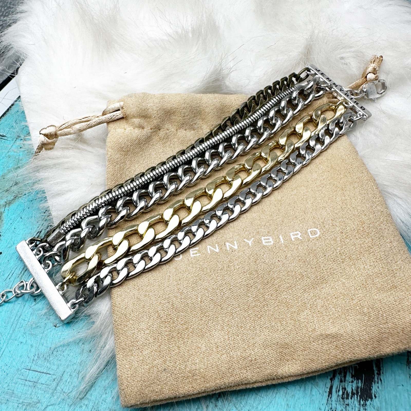 Jenny Bird Gold Silver Multi Chain Statement Bracelet w/ Pouch New w/o tags