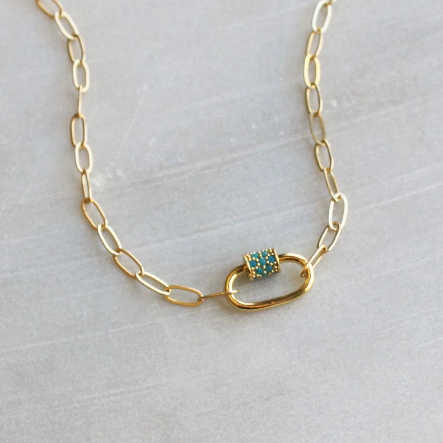 18K Gold Plated Locked Heart Carabiner Necklace Titanium Steal Womens Jewelry
