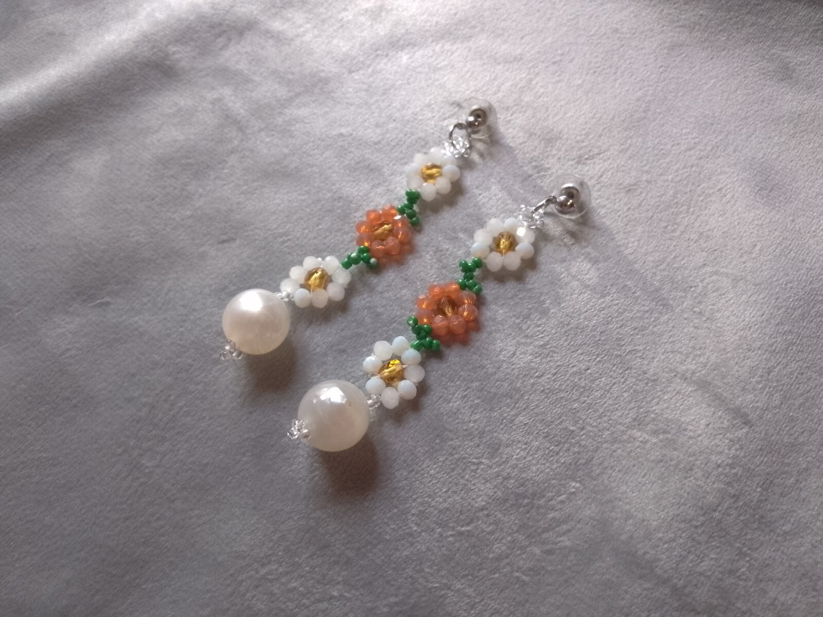 Crystal Heart Daisy Pendant Necklace Set Long Earrings With Pearl