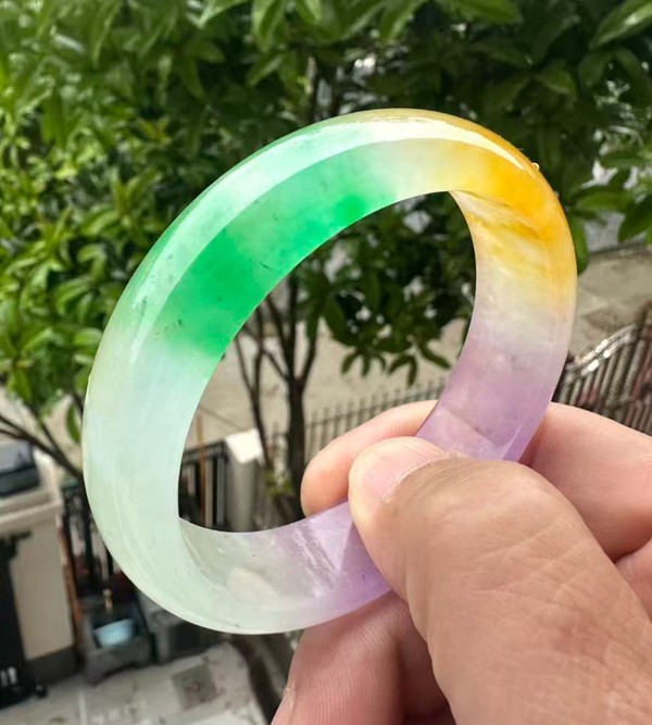 Natural Grade A Jadeite Bangle Tri-Color Green Lavender Yellow Burmese Jade 59mm