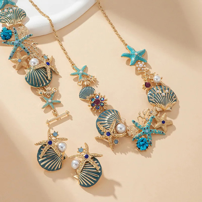 Boho Shiny Starfish Shell Coral Pearl Pendant Necklace For Women Crystal Zircon