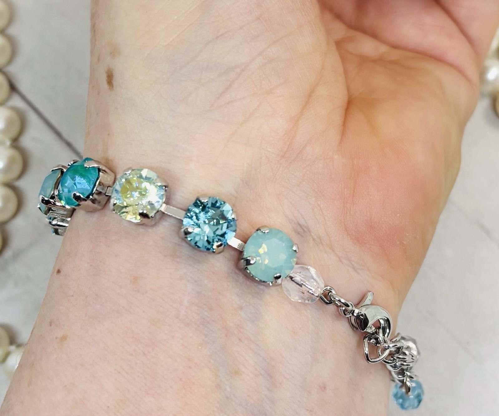 8mm Shiny Silver Plated Mint Green PACIFIC OPAL Teal Cup Chain Tennis Bracelet