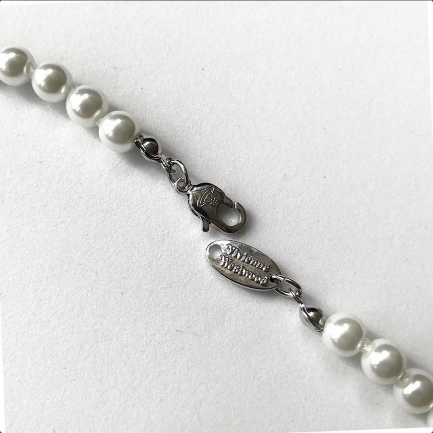 Vivienne Westwood Pearl Necklace – Silver Saturn Pendant with Box