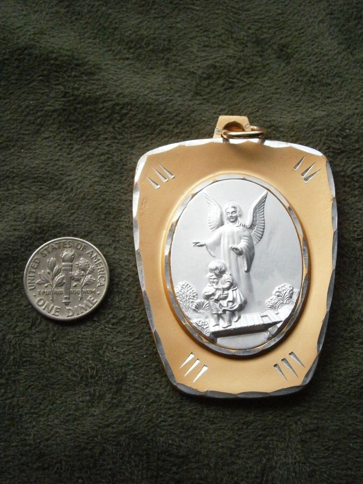 Large Guardian Angel Vintage Goldtone & Silvertone Pendant ~ Germany ~ 13.1g