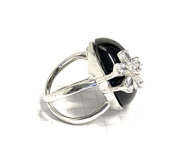 (SIZE 6,7,8,9) Large ONYX STONE & CZ FLOWER RING .925 STERLING SILVER