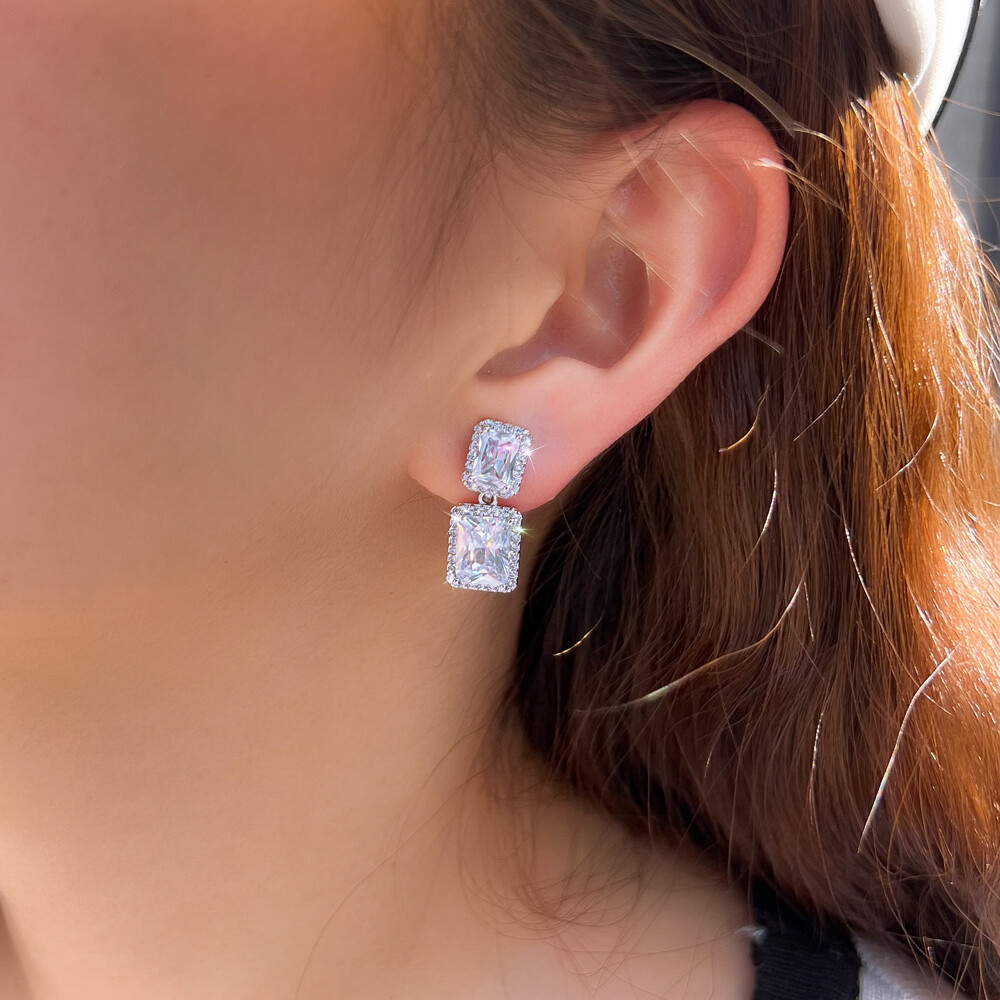 Dazzling Baguette Zircon Crystal Clip On Non Pierced Drop Earrings Silver Plated