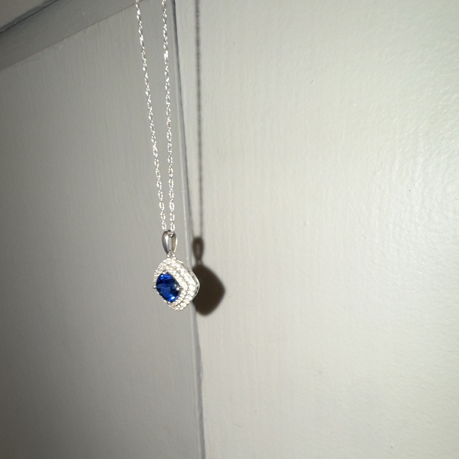 Silver Tone Metal Cable Chain Necklace Blue Cushion Square Halo Charm Pendant