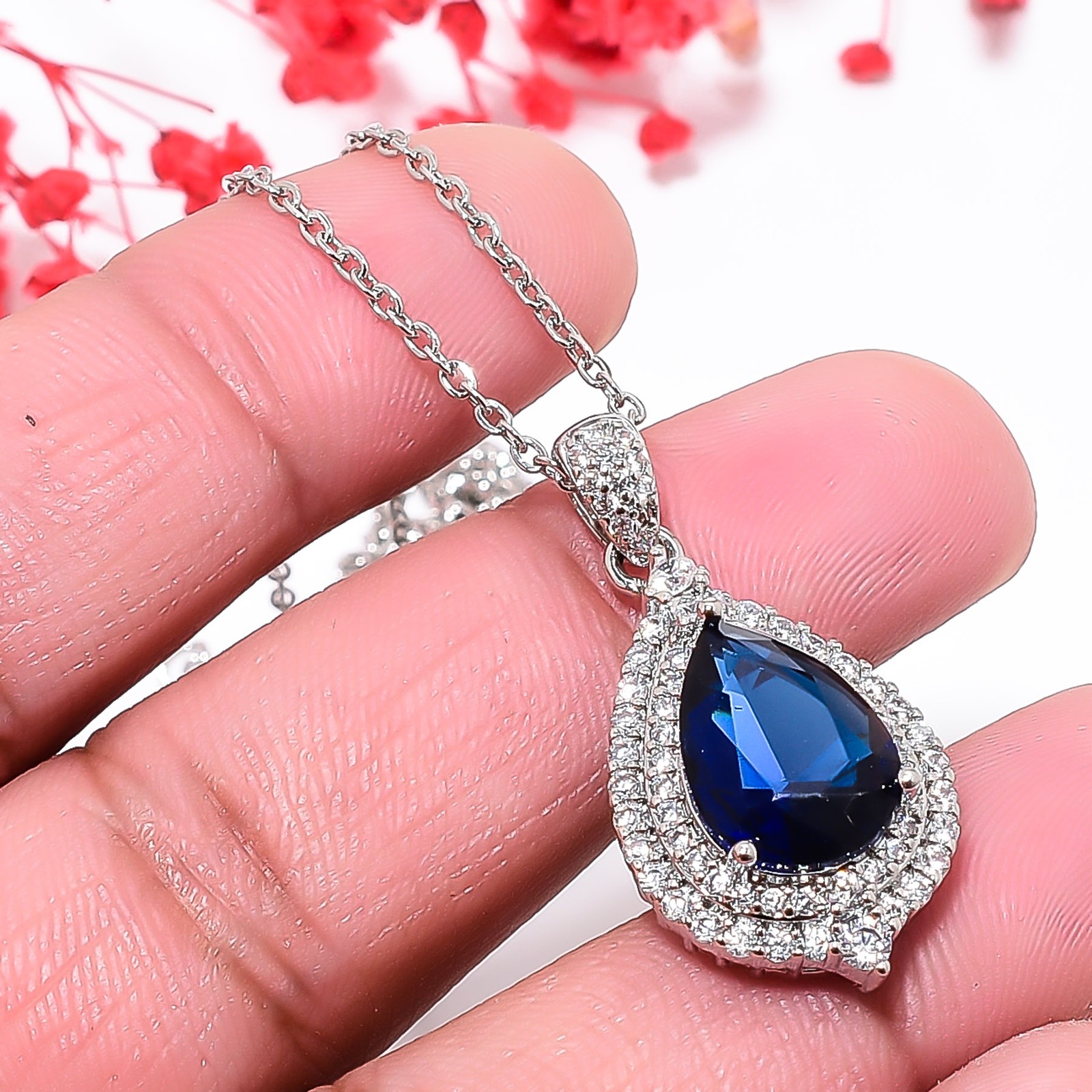 Blue Sapphire Simulated & Cz 925 Silver Pendant With Chain 18-20″ CP55421