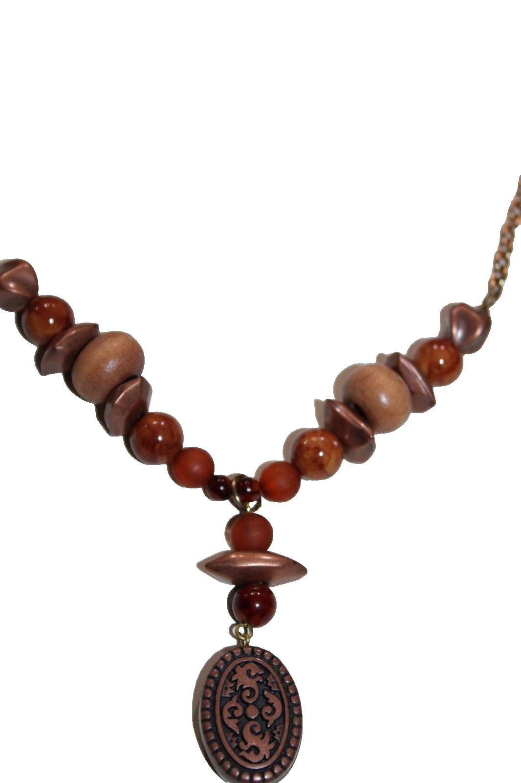 Macy’s Jewelry Necklaces gold tone wood beaded oval pendant ladies