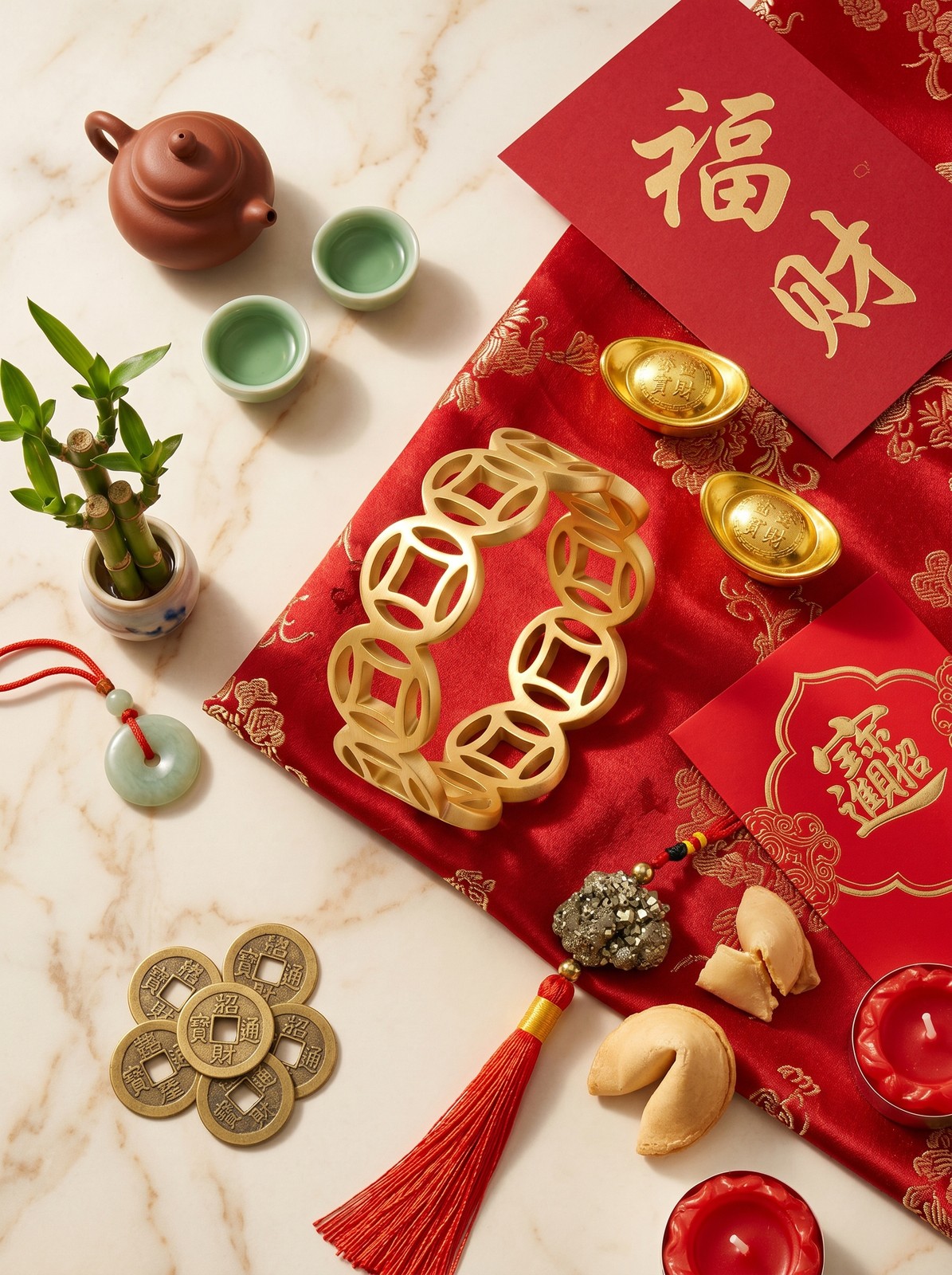 Chinese Coin Ring, Gold-Tone Band w/ Traditional Chinese Prosperity Symbol