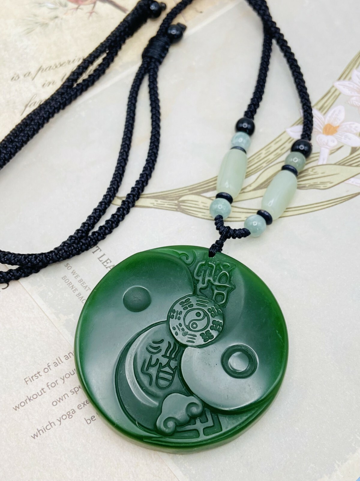 2.0″ Jade Jewelry TaiJi Yin Yang Charm Pendant with Woven Jade Beads Necklace