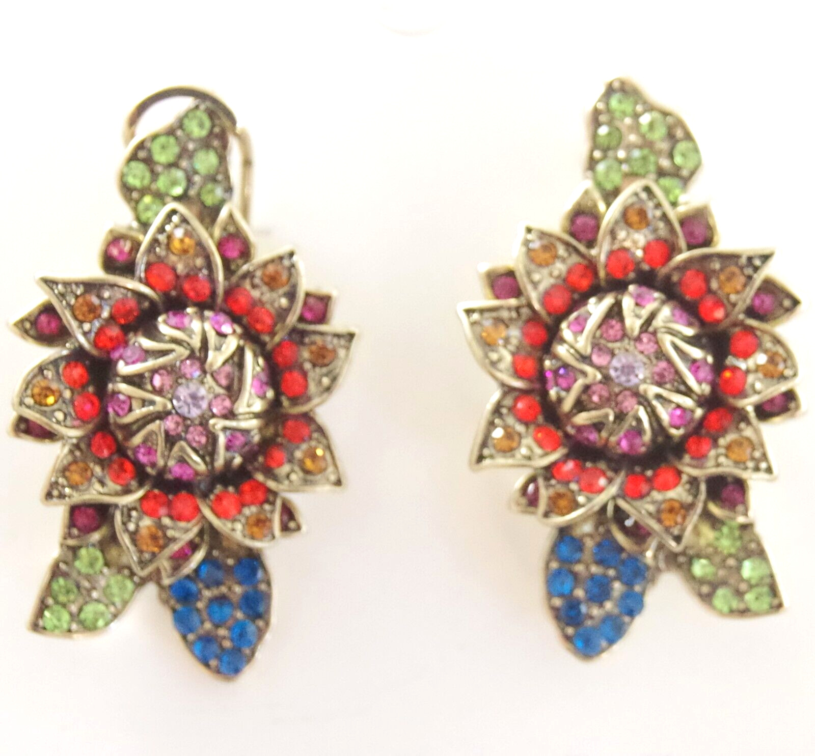 1 5/8″ DESIGNER STYLE MOODY HUES CRYSTAL RHINESTONE CABBAGE ROSE FLOWER EARRINGS