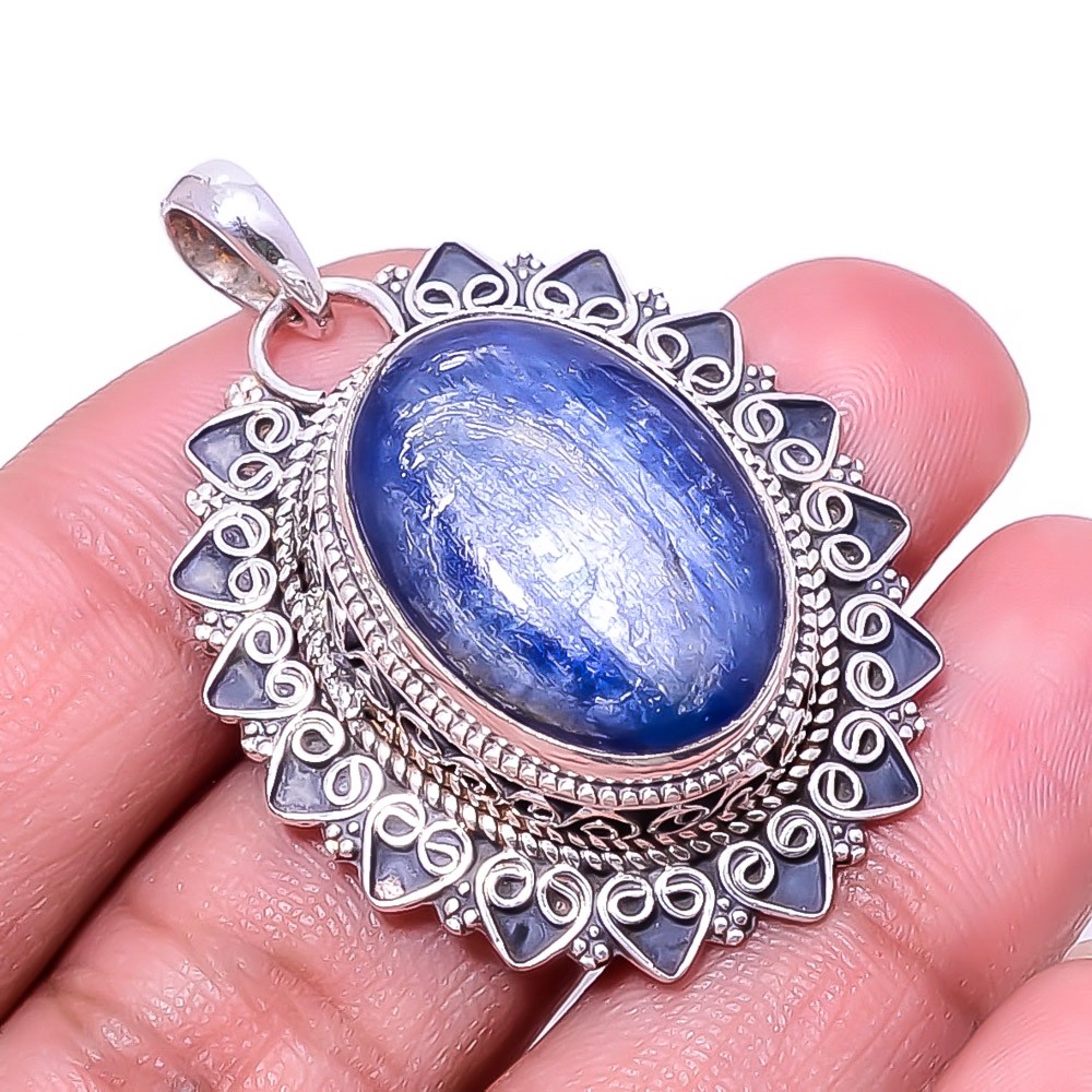 Kyanite – Nepal Fine Art 925 Sterling Silver Pendant 1.76″ P_9395_205_45