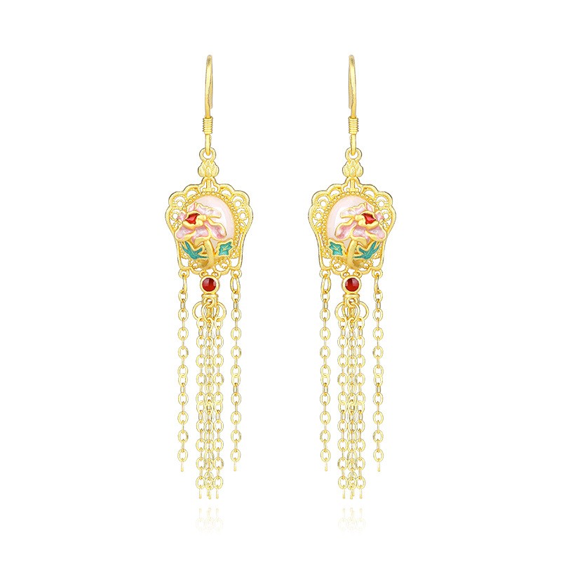 Chinese Style Enamel Tassel Dangle Earrings Vintage Floral Jewelry