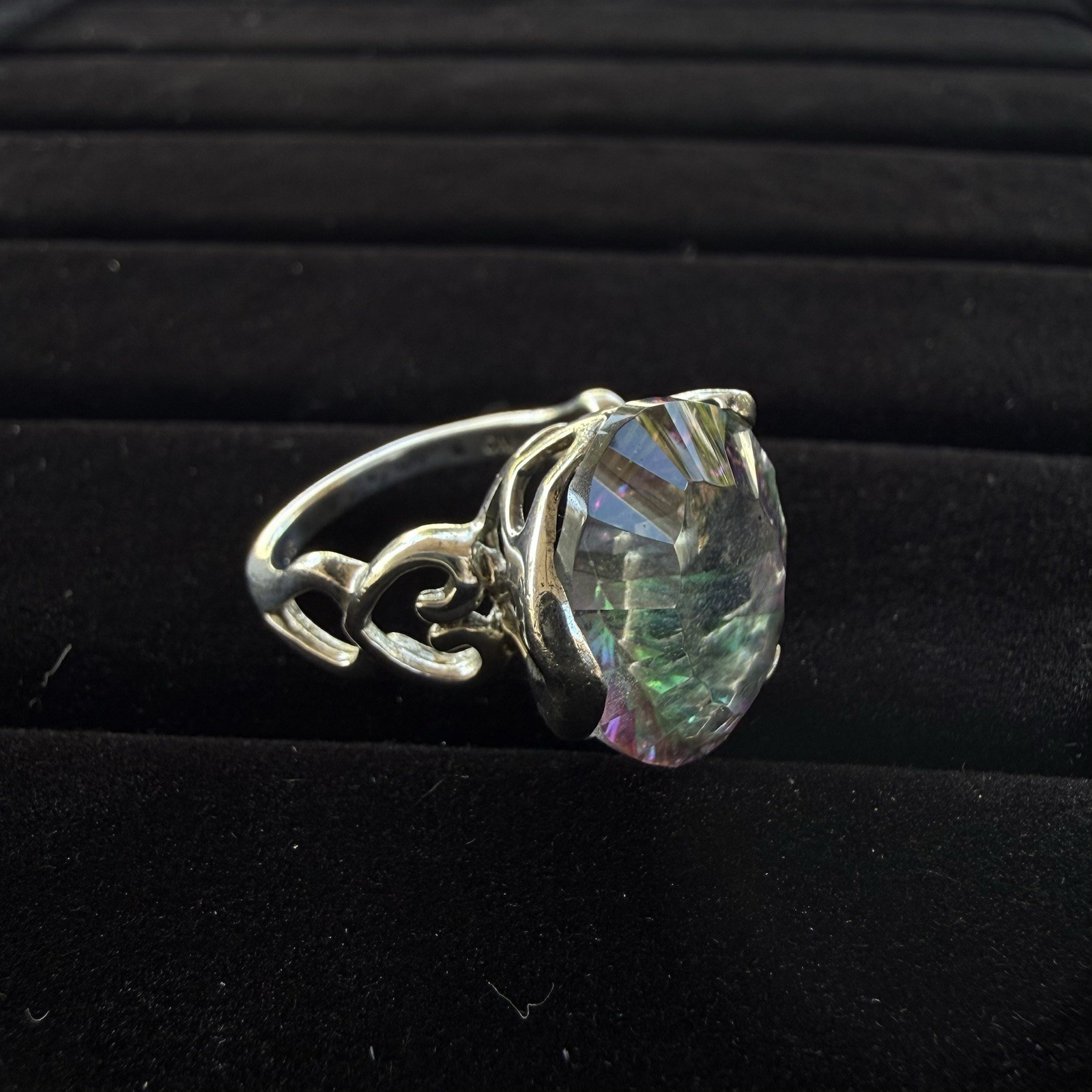 LUCCN Sterling Silver Floral Shank Large Oval Brilliant Mystic Topaz Ring Size 7