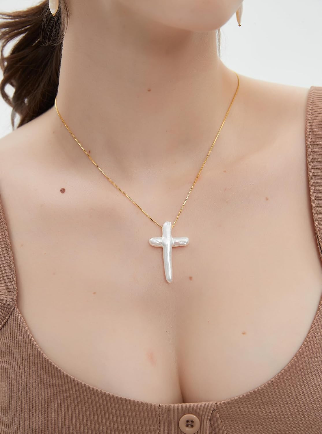 White Pearl Cross Necklace Gold Plated 316L Stainless Steel Box Chain Necklace F