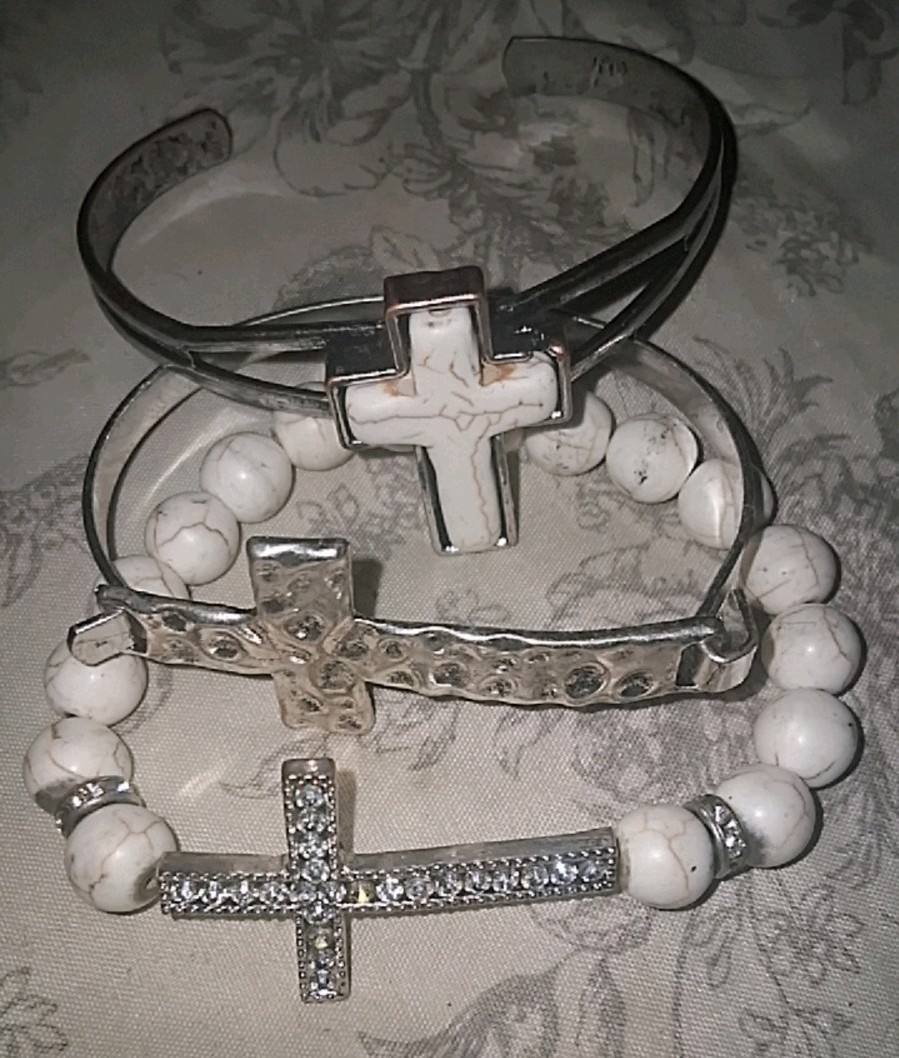 White & Silver Cross Bracelets Lot of 3