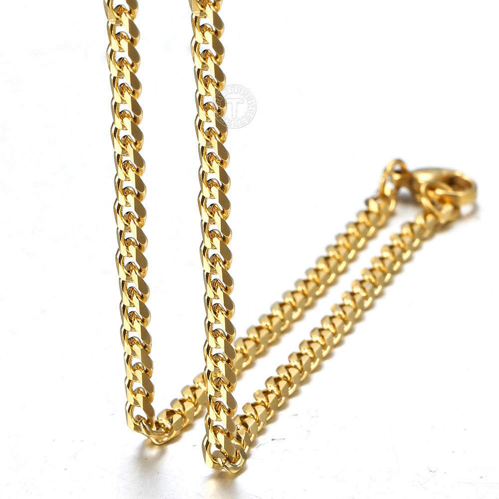 3MM Gold Plated Curb Cuban Chain Necklace Bracelet Jewelry Set Stainless Steel
