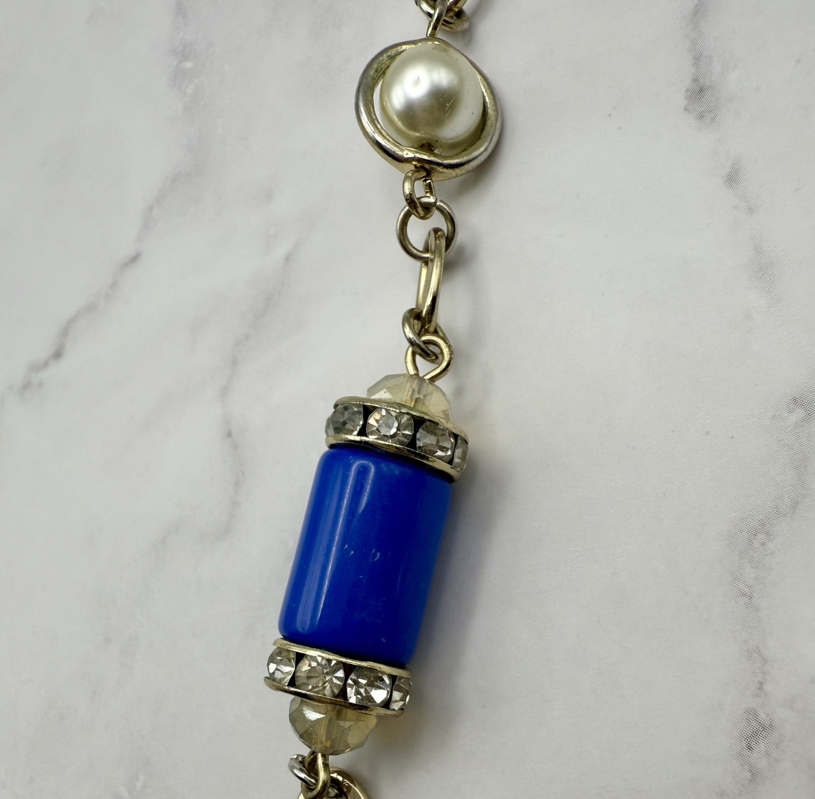 WHBM Convertible 3 in 1 Necklace Cobalt Pearl 38″ Champagne Gold Tone SportGlam