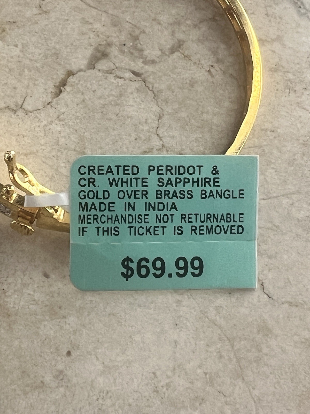 New w/ Tags BR KRN Created Peridot White Sapphire Gold on Brass Bangle Bracelet