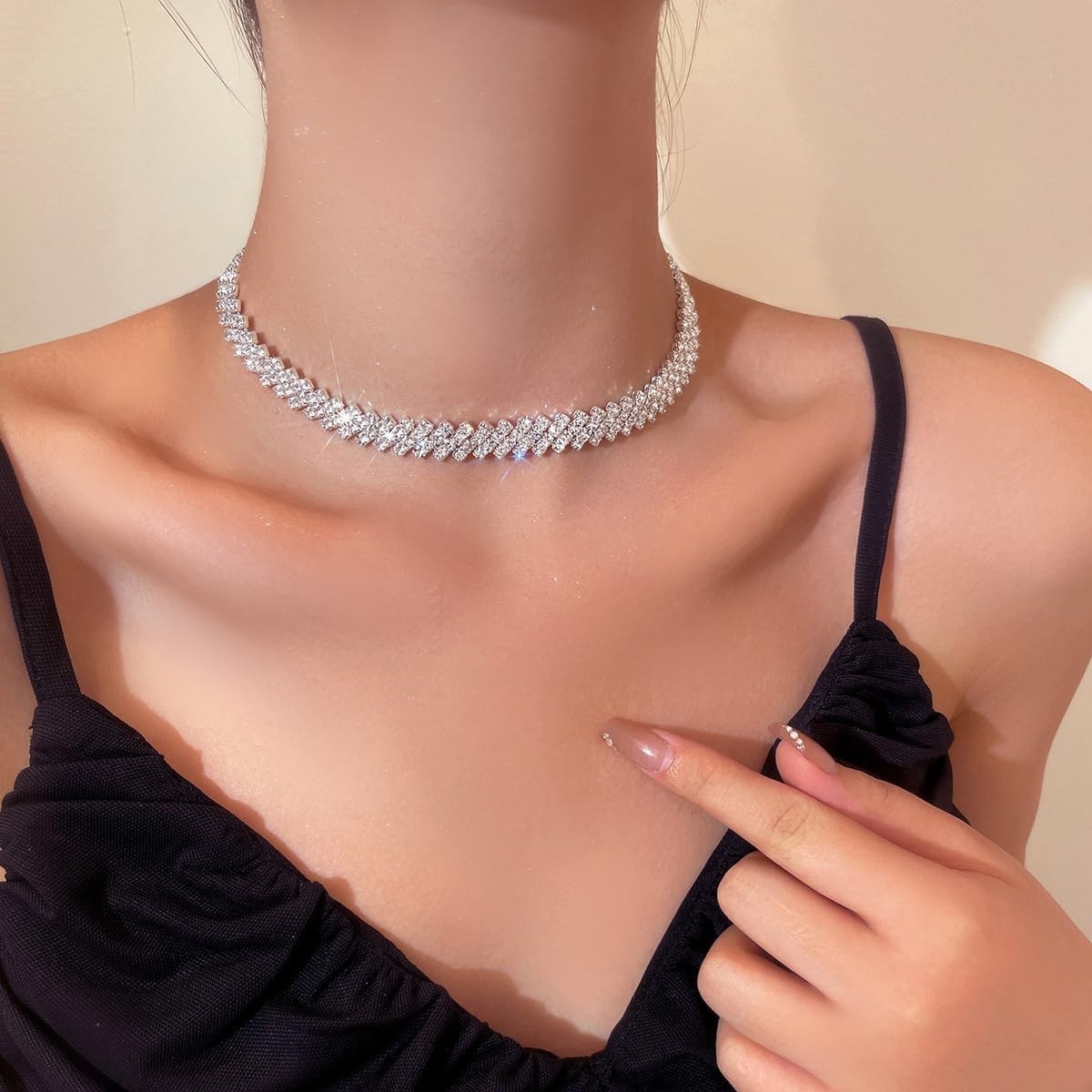 Rhinestone Choker Necklaces for Women Silver Diamond Choker and Earring Set f…