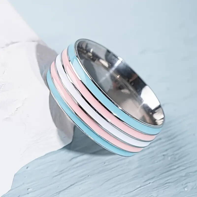 Band Silver-Tone Stainless Steel Pride Transgender Ring Size 7 New B2064