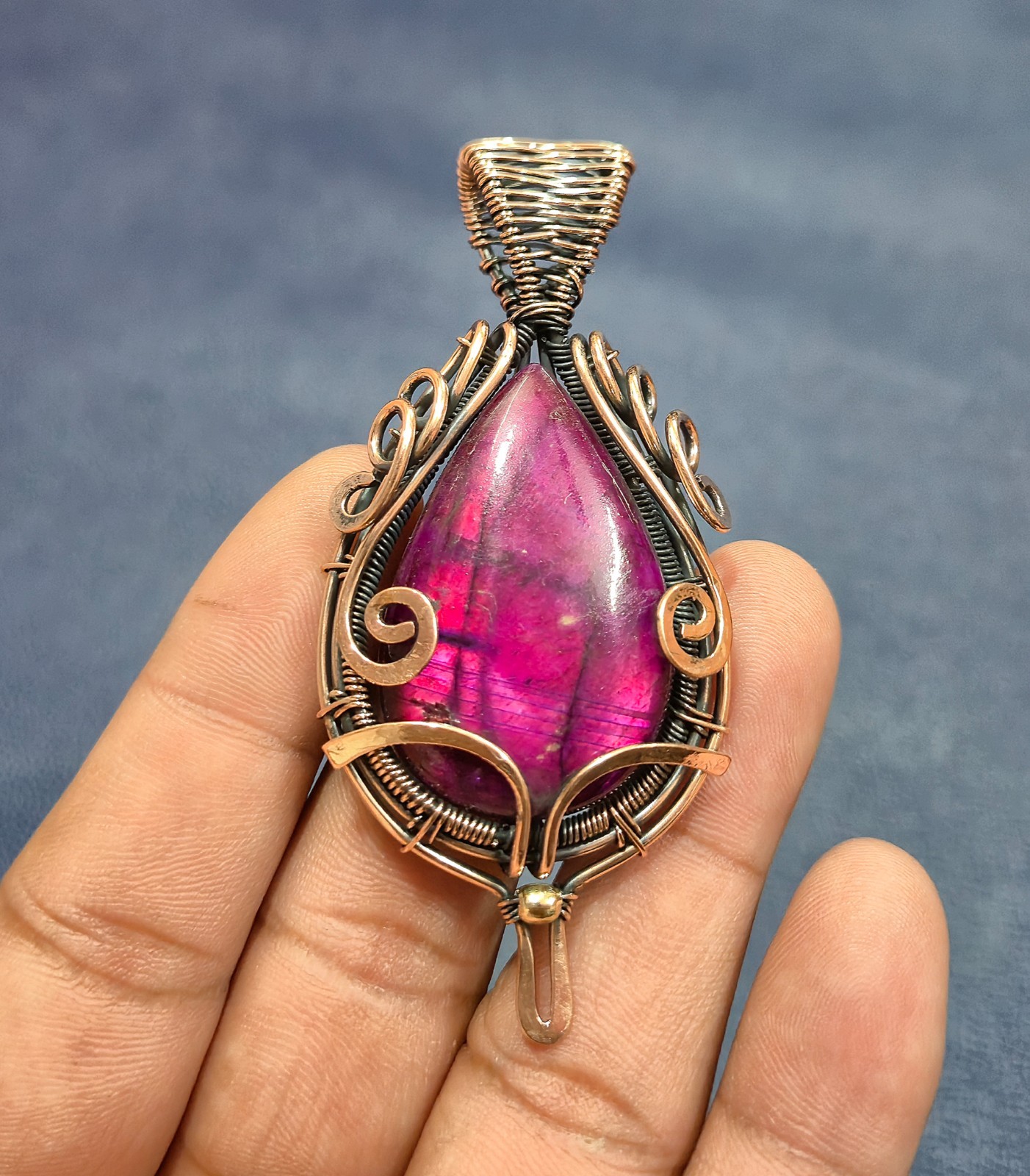Pink Fire Labradorite Pendant Copper Wire Wrapped Jewelry Handmade Gem Jewelry