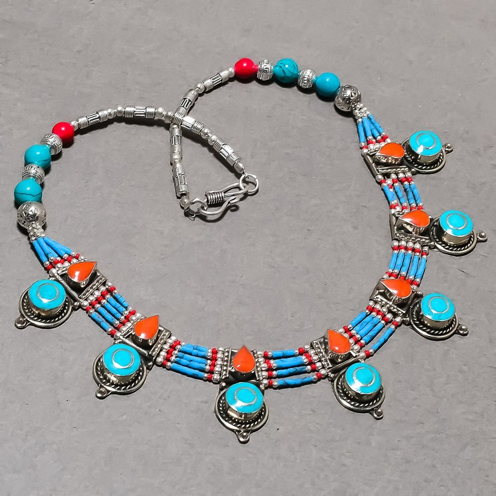 Turquoise Red Coral Gemstone Necklace Handmade Tibetan Nepali Jewelry 18″ N79