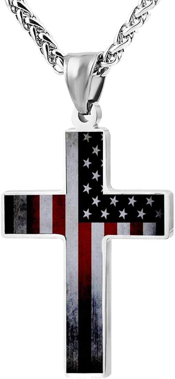 American Flag Patriotic Cross Pendant Necklace Christian Religious Men&women24in
