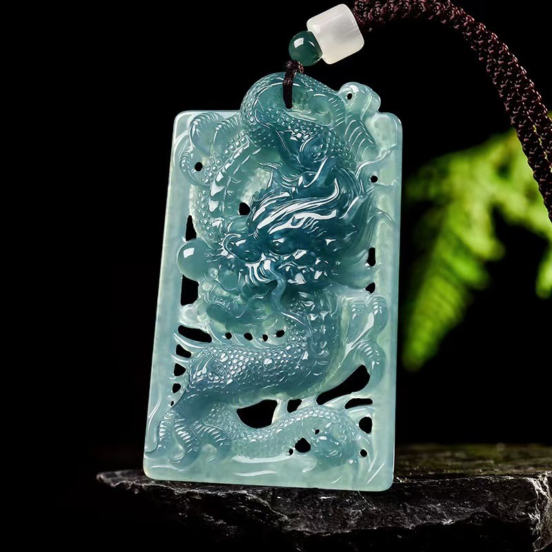 Real Grade A 100% Natural Blue Jade Jadeite Dragon Oblong Pendant Necklace