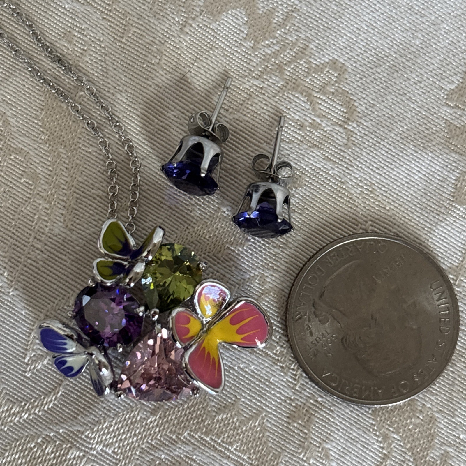 Park Lane Fairytale Pendant 16-18” Silver Tone Purple Pink Green Butterfly & Bns