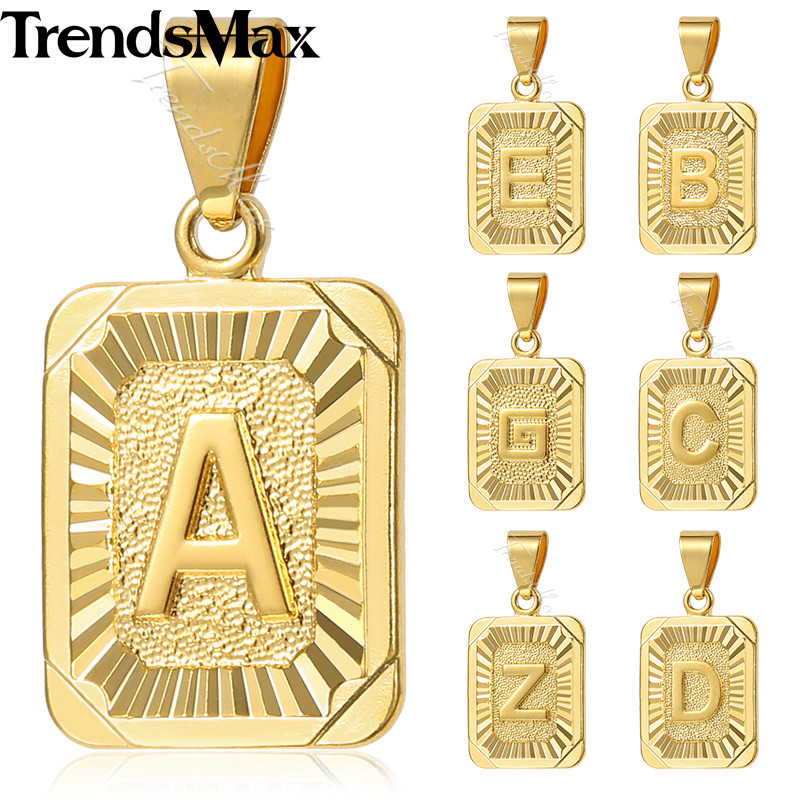 14K Gold Plated Rectangle Letter A-Z Pendant Necklaces (Curb/Box Chains+Charm)