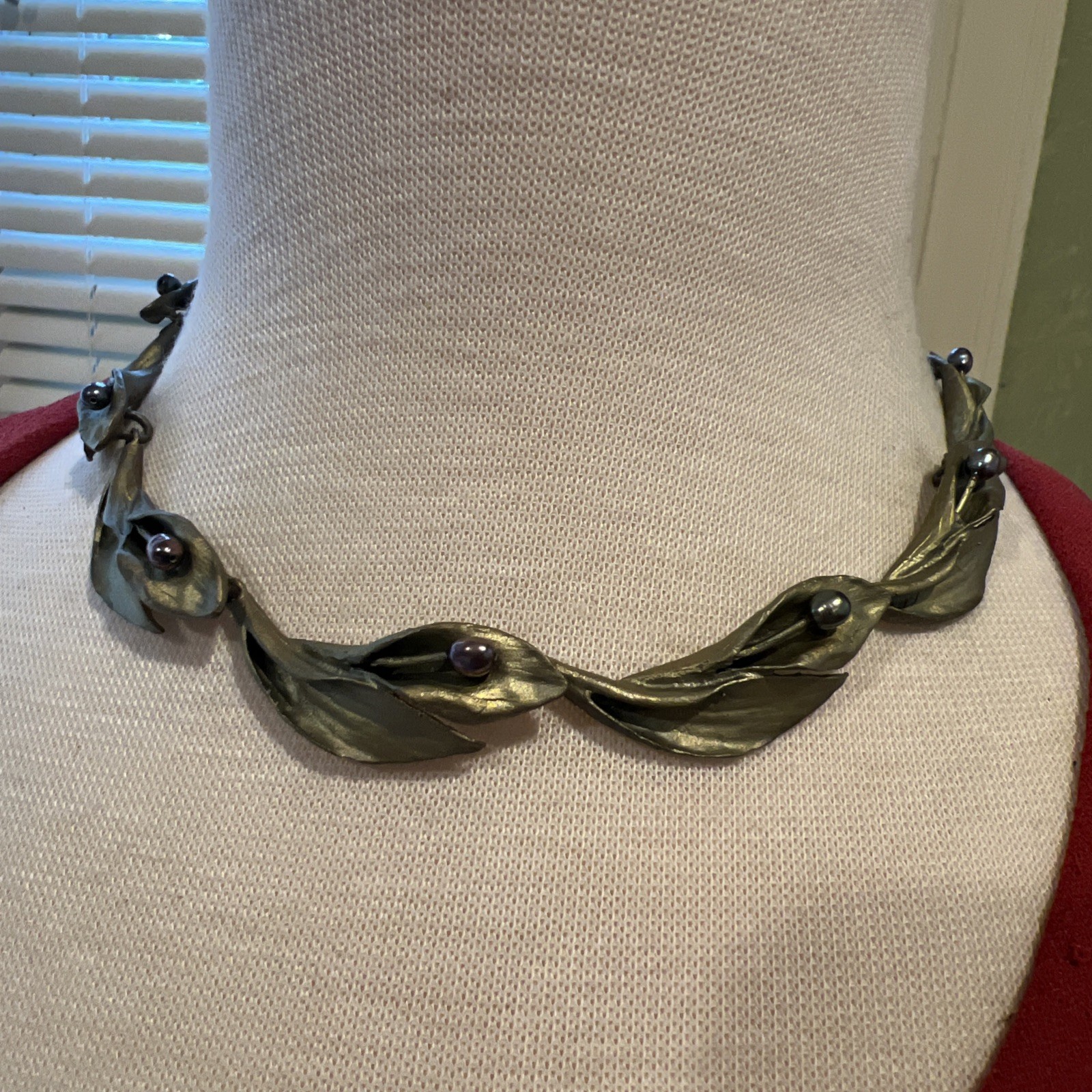 Unsigned Michael Michaud Hosta Leaf Peacock Pearl Choker Collar Necklace Bronze