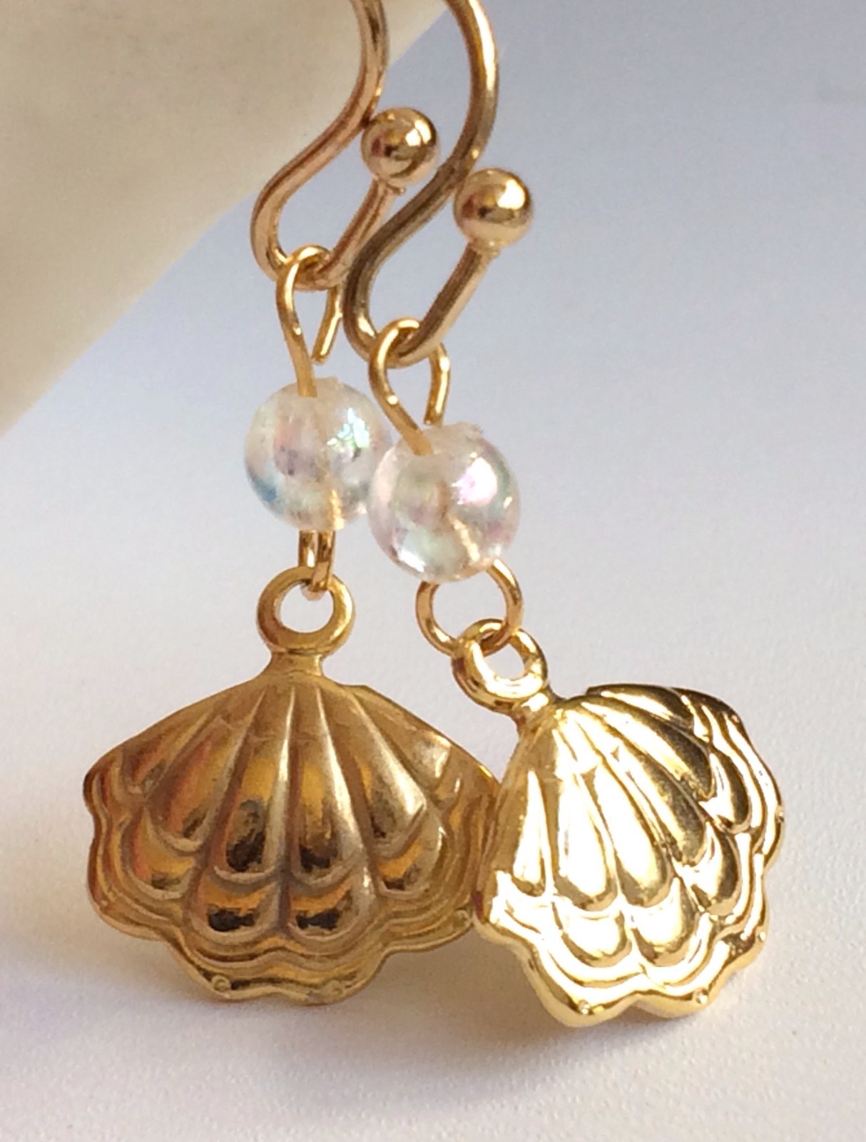 Scallop Shell Earrings Gold Plated Pearl Sea Life Island Beach Pierced Dainty