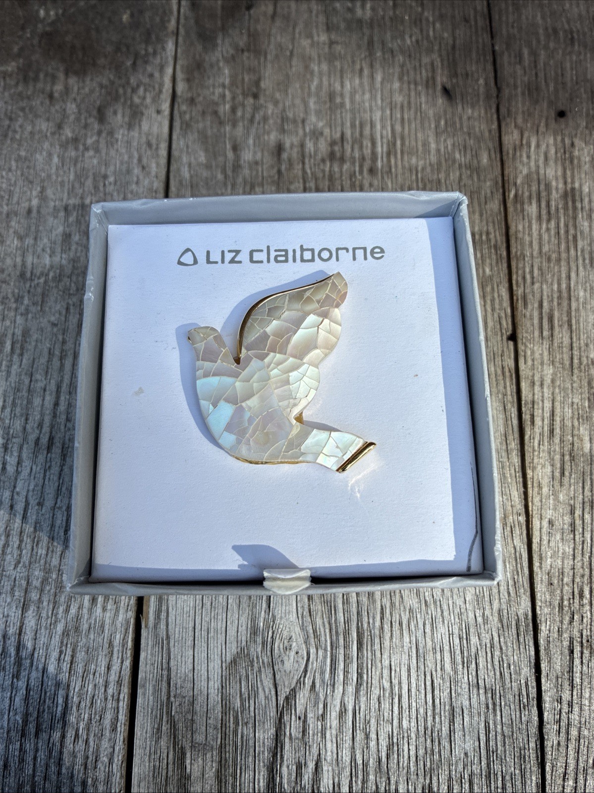 Liz Claiborne Mother of Pearl Shell Dove Bird Brooch Mosaic Gold Pin