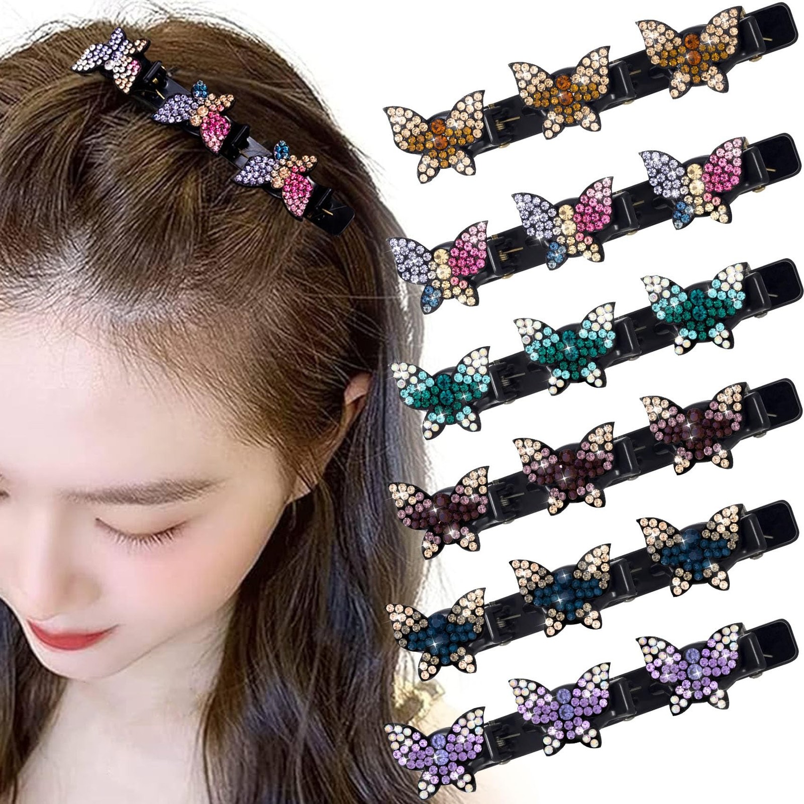 6pcs Butterfly Duckbill Braided Clips, Sparkling Rhinestone Hair Clips for Wo…
