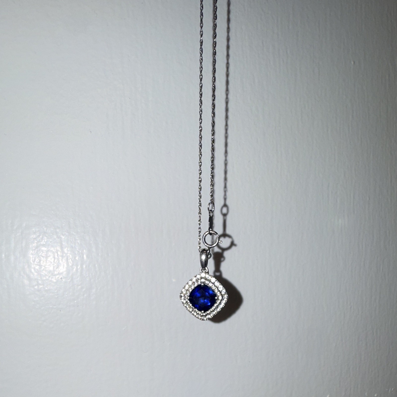 Silver Tone Metal Cable Chain Necklace Blue Cushion Square Halo Charm Pendant