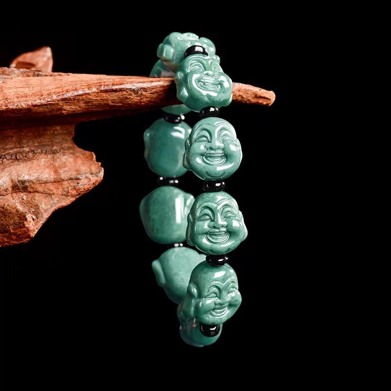 Certified Real Grade A Natural Jade Jadeite Carved Smile Buddha Beads Bracelet