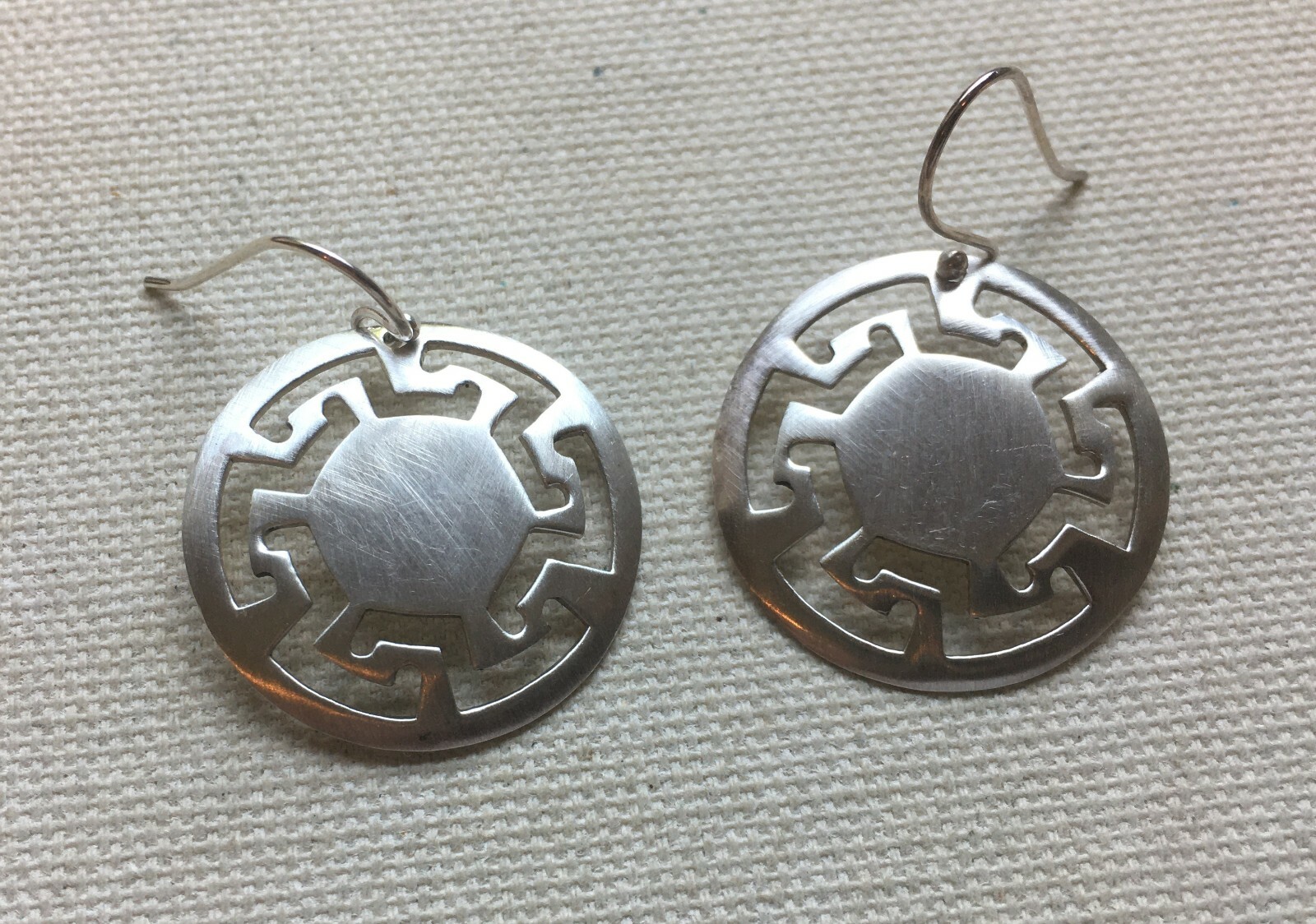Greek Key Disk Earrings Sterling Modern Artisan Retro Bohemian Southwest 1.5″