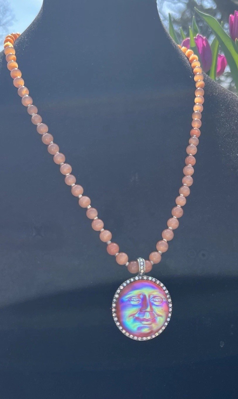Kirk’s Folly Style Inspired Sea view Moon Face Orange Glow Necklace Rhinestone