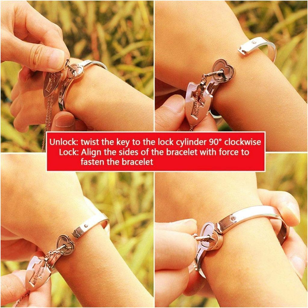 Couple Stainless Steel Love Heart Lock Bracelet with Key Pendant Necklace Set