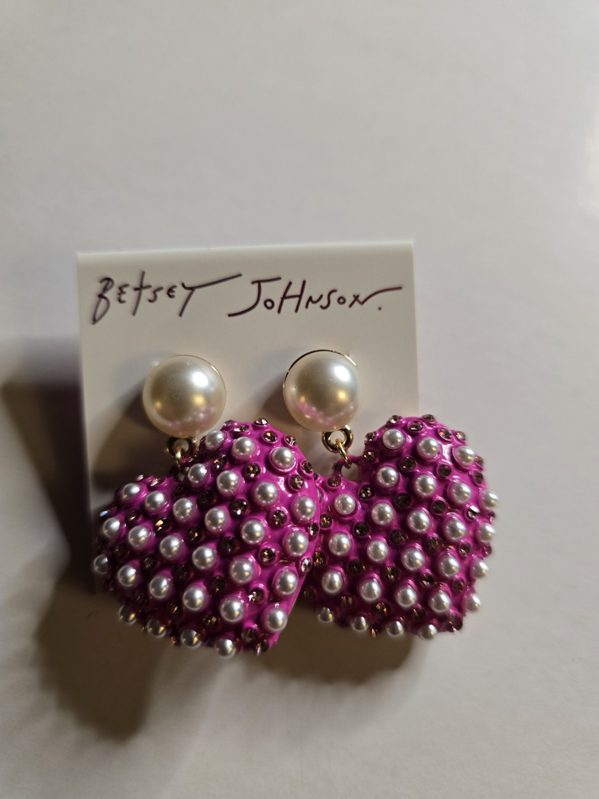 BETSEY JOHNSON Pink Heart Shape Drop Earrings With Pearl Accents