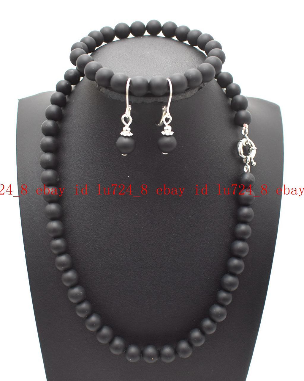 6/8/10mm matte black agate round gemstone beads necklace bracelet earrings set