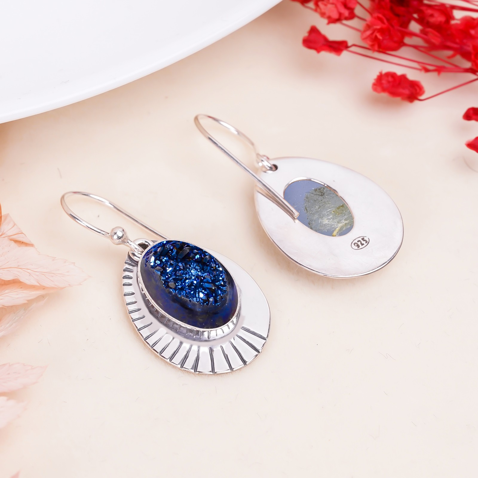Blue Titanium Agate Drusy 925 Sterling Silver Earring, Christmas Gift E155163