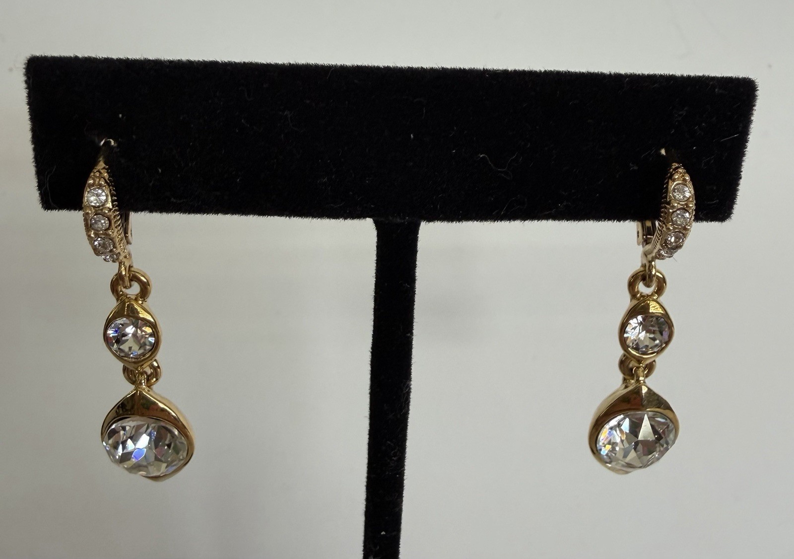 Givenchy Gold Tone Swarovski Crystal Double Drop Teardrop Leverback Earrings